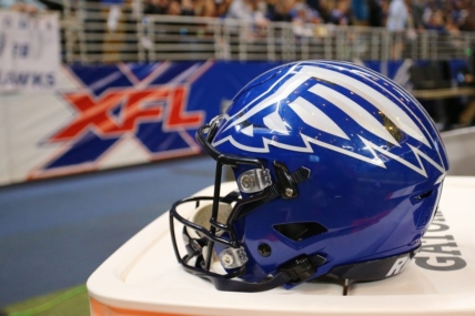 Feb 23, 2020; St. Louis, Missouri, USA; A detailed view of a St. Louis Battlehawks helmet during the second half of an XFL game between the St. Louis Battlehawks and the NY Guardians at The Dome at America's Center. Mandatory Credit: Billy Hurst-USA TODAY Sports