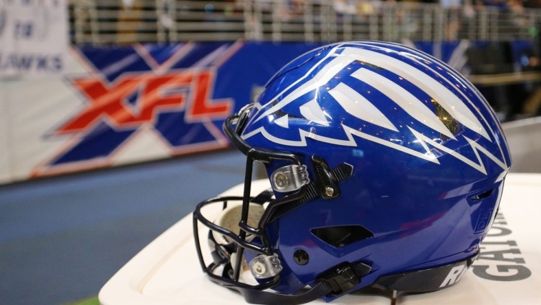 Feb 23, 2020; St. Louis, Missouri, USA; A detailed view of a St. Louis Battlehawks helmet during the second half of an XFL game between the St. Louis Battlehawks and the NY Guardians at The Dome at America's Center. Mandatory Credit: Billy Hurst-USA TODAY Sports