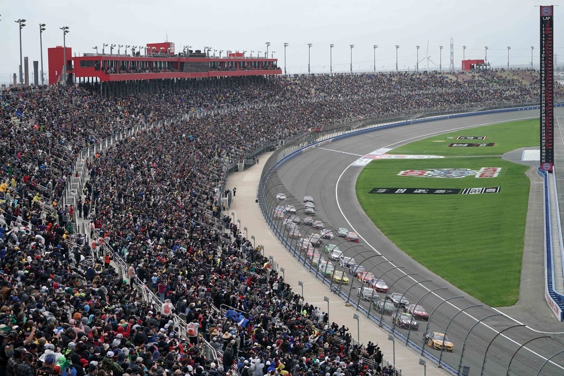 Mar 1, 2020; Fontana, California, USA; General overall view of the Auto Club 400 at Auto Club Speedway. Mandatory Credit: Kirby Lee-USA TODAY Sports