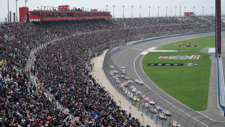 Mar 1, 2020; Fontana, California, USA; General overall view of the Auto Club 400 at Auto Club Speedway. Mandatory Credit: Kirby Lee-USA TODAY Sports