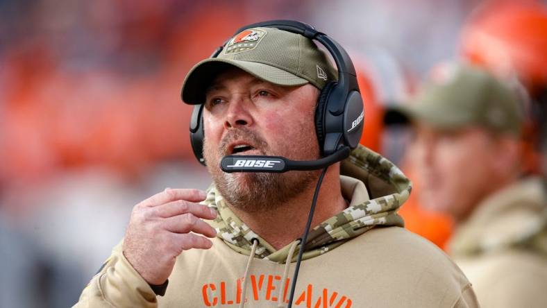 Nov 3, 2019; Denver, CO, USA; Cleveland Browns head coach Freddie Kitchens looks on from the sidelines in the second quarter against the Denver Broncos at Empower Field at Mile High. Mandatory Credit: Isaiah J. Downing-USA TODAY Sports