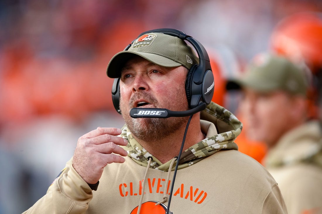 Nov 3, 2019; Denver, CO, USA; Cleveland Browns head coach Freddie Kitchens looks on from the sidelines in the second quarter against the Denver Broncos at Empower Field at Mile High. Mandatory Credit: Isaiah J. Downing-USA TODAY Sports