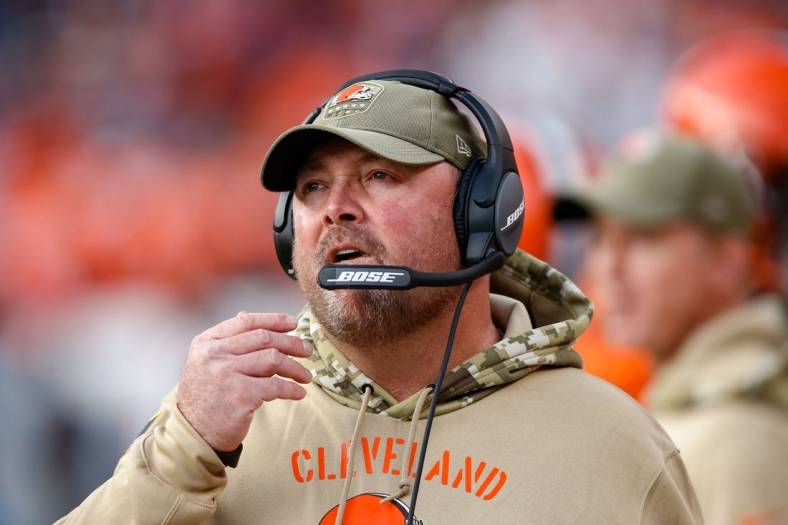 Nov 3, 2019; Denver, CO, USA; Cleveland Browns head coach Freddie Kitchens looks on from the sidelines in the second quarter against the Denver Broncos at Empower Field at Mile High. Mandatory Credit: Isaiah J. Downing-USA TODAY Sports