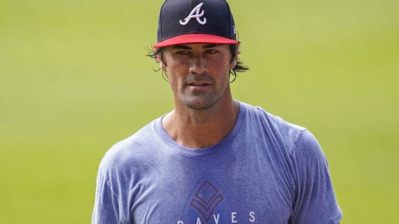 Jul 3, 2020; Atlanta, Georgia, United States; Atlanta Braves pitcher relief pitcher Cole Hamels (32) on the field on the first day of workouts at Truist Park. Mandatory Credit: Dale Zanine-USA TODAY Sports