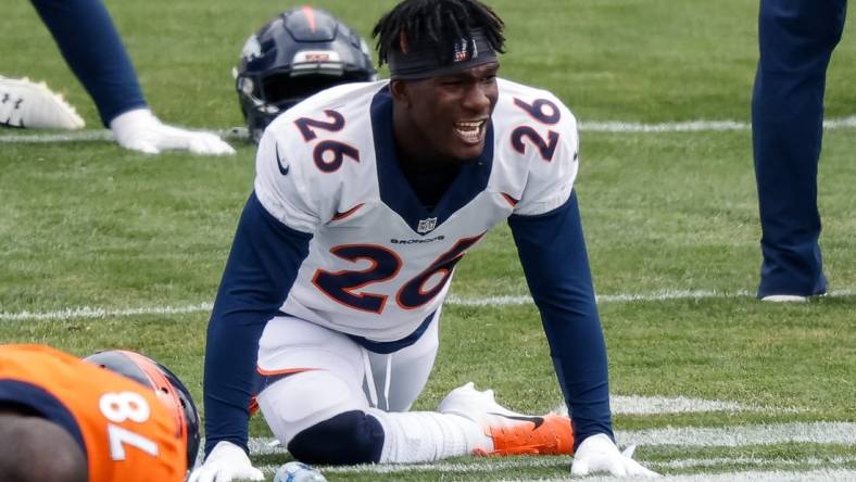 Sep 9, 2020; Englewood, Colorado, USA; Denver Broncos cornerback Kevin Toliver III (26) stretches during practice at UCHealth Training Center. Mandatory Credit: Isaiah J. Downing-USA TODAY Sports