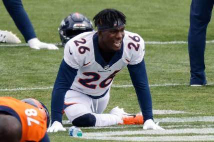 Sep 9, 2020; Englewood, Colorado, USA; Denver Broncos cornerback Kevin Toliver III (26) stretches during practice at UCHealth Training Center. Mandatory Credit: Isaiah J. Downing-USA TODAY Sports