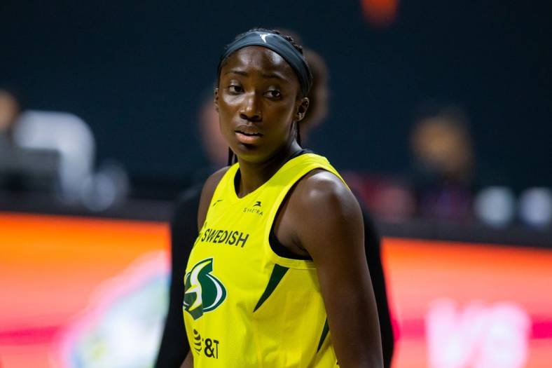 Oct 2, 2020; Bradenton, Florida, USA; Seattle Storm center Ezi Magbegor (13) plays in game 1 of the WNBA finals against the Las Vegas Aces at IMG Academy. Mandatory Credit: Mary Holt-USA TODAY Sports