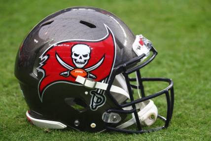 Oct 25, 2020; Paradise, Nevada, USA; Detailed view of a Tampa Bay Buccaneers helmet against the Las Vegas Raiders at Allegiant Stadium. Mandatory Credit: Mark J. Rebilas-USA TODAY Sports