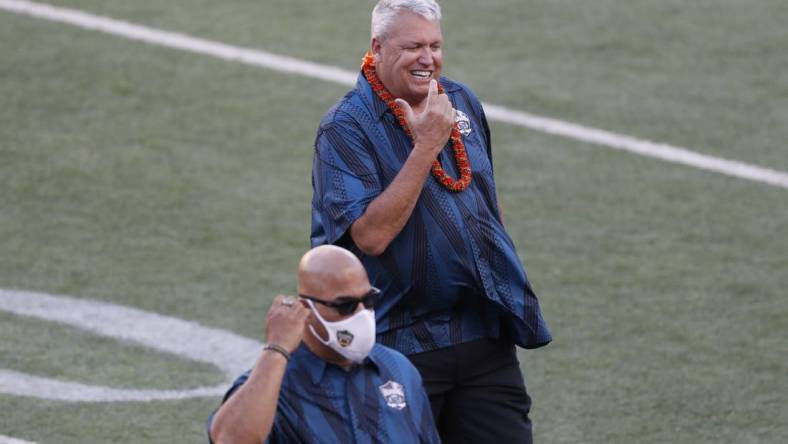 Jan 31, 2021; Honolulu, Hawaii, USA; Team Kai head coach Rex Ryan reacts on the field during the first half against Team Aina at the Hula Bowl. Mandatory Credit: Marco Garcia-USA TODAY Sports