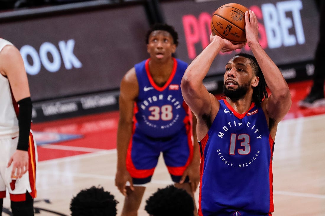 Jahlil Okafor attempts a free throw during the first half at Little Caesars Arena in Detroit on Sunday, May 16, 2021.