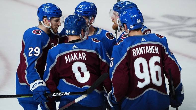 May 30, 2021; Denver, Colorado, USA; Colorado Avalanche left wing Gabriel Landeskog (92) celebrates his goal with right wing Joonas Donskoi (72) and center Nathan MacKinnon (29) and defenseman Cale Makar (8) and right wing Mikko Rantanen (96) in the second period against the Vegas Golden Knights of game one in the second round of the 2021 Stanley Cup Playoffs at Ball Arena. Mandatory Credit: Ron Chenoy-USA TODAY Sports