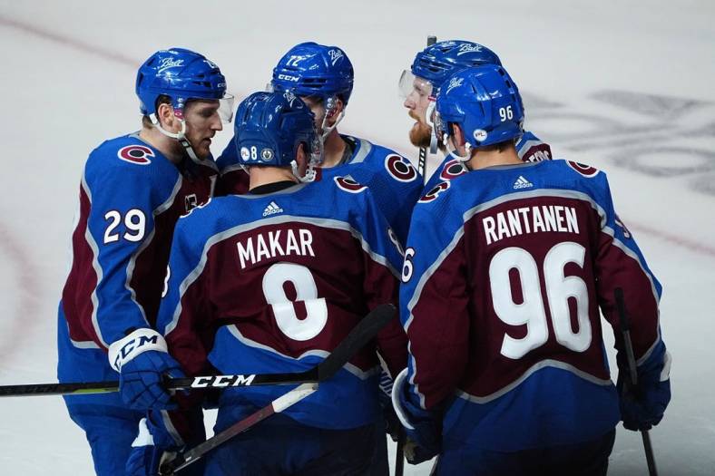 May 30, 2021; Denver, Colorado, USA; Colorado Avalanche left wing Gabriel Landeskog (92) celebrates his goal with right wing Joonas Donskoi (72) and center Nathan MacKinnon (29) and defenseman Cale Makar (8) and right wing Mikko Rantanen (96) in the second period against the Vegas Golden Knights of game one in the second round of the 2021 Stanley Cup Playoffs at Ball Arena. Mandatory Credit: Ron Chenoy-USA TODAY Sports