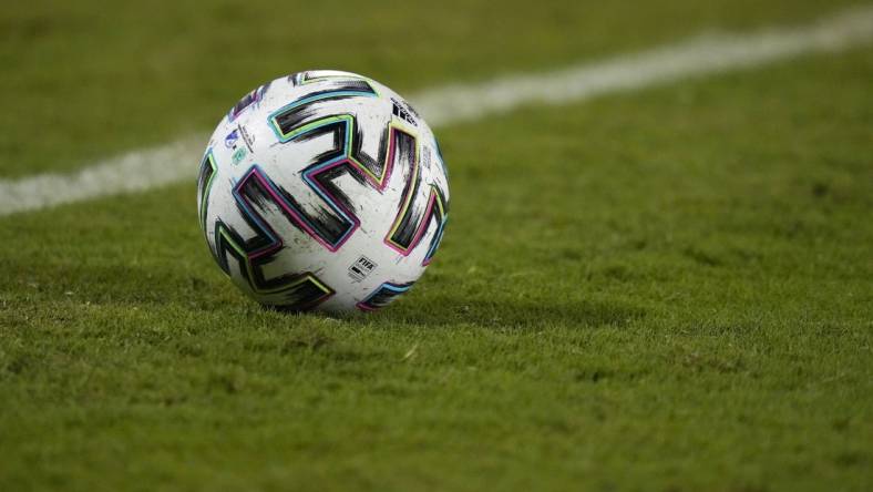 Jul 28, 2021; Orlando, Florida, USA; A general view of the match ball on the pitch during the second half between Millonarios and Atletico Nacional in the 2021 Florida Cup friendly soccer match at Camping World Stadium. Mandatory Credit: Jasen Vinlove-USA TODAY Sports