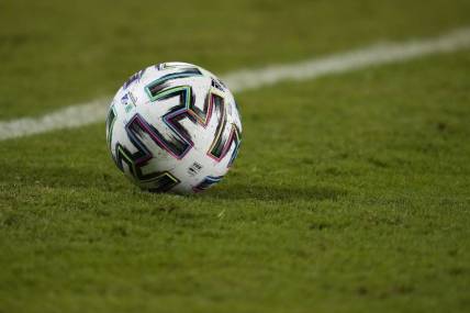 Jul 28, 2021; Orlando, Florida, USA; A general view of the match ball on the pitch during the second half between Millonarios and Atletico Nacional in the 2021 Florida Cup friendly soccer match at Camping World Stadium. Mandatory Credit: Jasen Vinlove-USA TODAY Sports