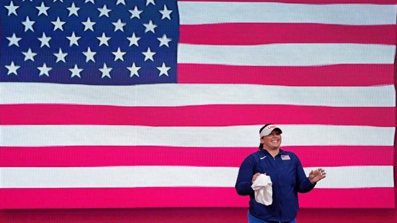 Aug 3, 2021; Tokyo, Japan; Deanna Price (USA) women's hammer throw final during the Tokyo 2020 Olympic Summer Games at Olympic Stadium. Mandatory Credit: Kirby Lee-USA TODAY Sports