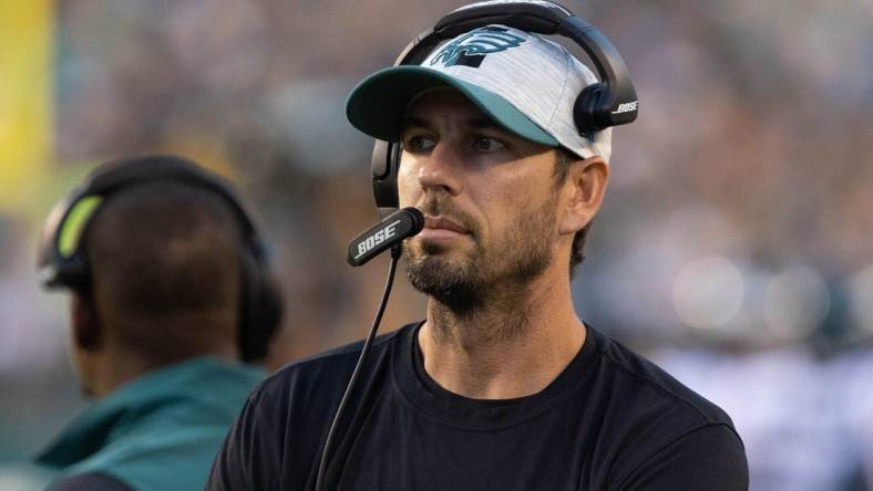 Philadelphia Eagles offensive coordinator Shane Steichen in a game against the New England Patriots at Lincoln Financial Field. Mandatory Credit: Bill Streicher-USA TODAY Sports