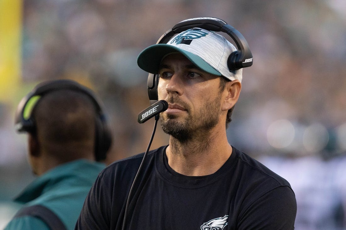 Philadelphia Eagles offensive coordinator Shane Steichen in a game against the New England Patriots at Lincoln Financial Field. Mandatory Credit: Bill Streicher-USA TODAY Sports