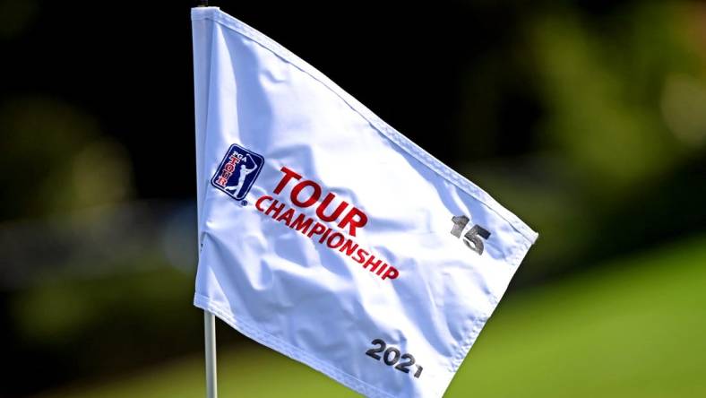 Sep 2, 2021; Atlanta, Georgia, USA; A view of the flag stick during the first round of the Tour Championship golf tournament. Mandatory Credit: Adam Hagy-USA TODAY Sports