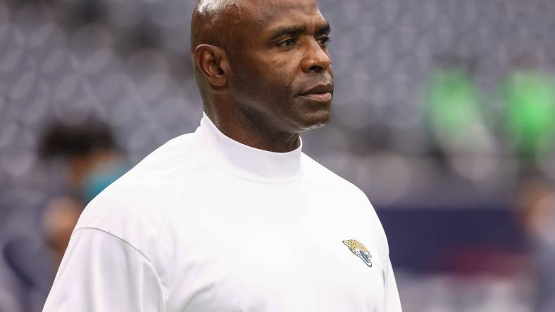 Sep 12, 2021; Houston, Texas, USA; Jacksonville Jaguars inside linebackers coach Charlie Strong looks on before the game against the Houston Texans at NRG Stadium. Mandatory Credit: Troy Taormina-USA TODAY Sports