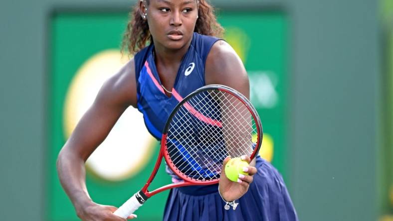 Oct 4, 2021; Indian Wells, CA, USA; Alycia Parks (USA) during her first round qualifying match against Leonnie Kung (not pictured) at the Indian Wells Tennis Garden. Mandatory Credit: Jayne Kamin-Oncea-USA TODAY Sports