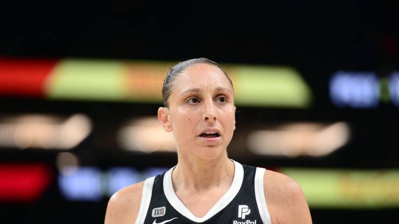 Oct 13, 2021; Phoenix, Arizona, USA; Phoenix Mercury guard Diana Taurasi (3) looks on against the Chicago Sky during the second half of game two of the 2021 WNBA Finals at Footprint Center. Mandatory Credit: Joe Camporeale-USA TODAY Sports