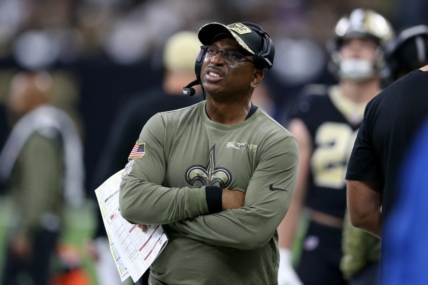 Nov 7, 2021; New Orleans, Louisiana, USA; New Orleans Saints assistant coach Curtis Johnson during the second quarter against the Atlanta Falcons at the Caesars Superdome. Mandatory Credit: Chuck Cook-USA TODAY Sports