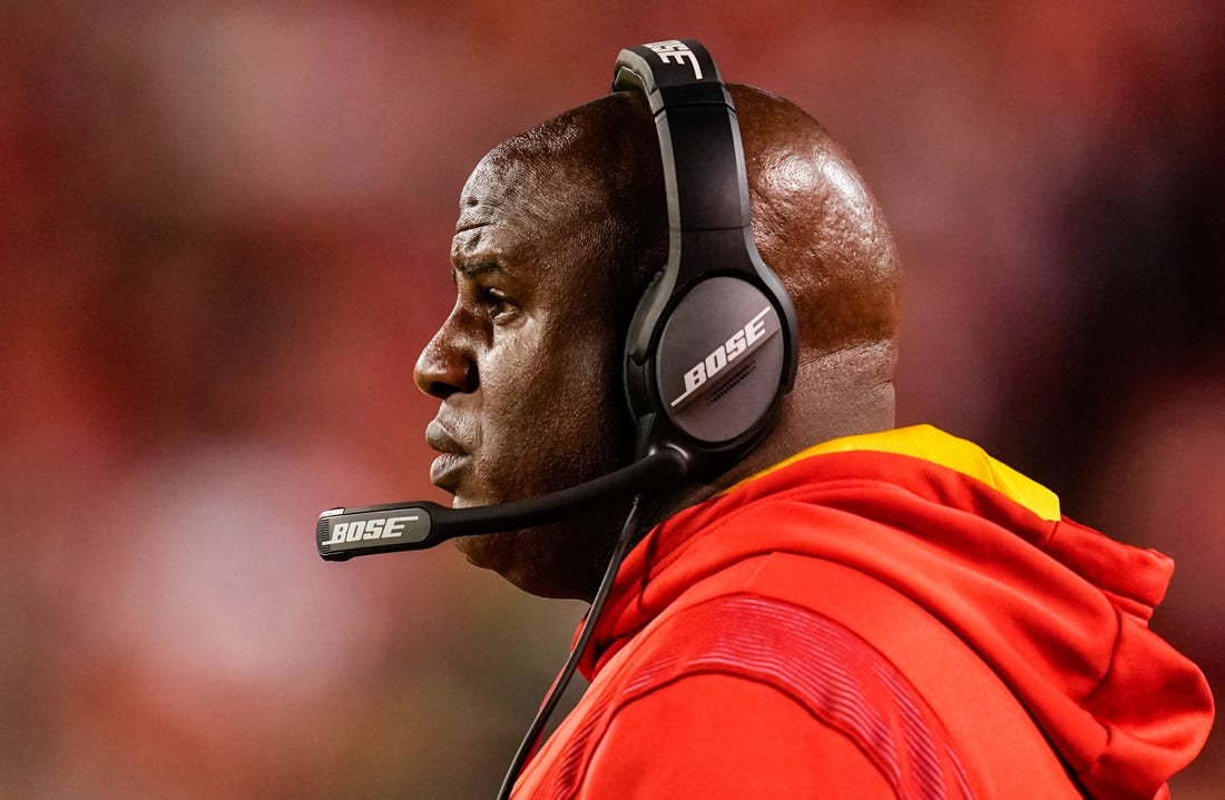 Nov 7, 2021; Kansas City, Missouri, USA; Kansas City Chiefs offensive coordinator Eric Bieniemy looks on during the second half against the Green Bay Packers at GEHA Field at Arrowhead Stadium. Mandatory Credit: Jay Biggerstaff-USA TODAY Sports