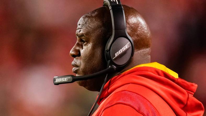 Nov 7, 2021; Kansas City, Missouri, USA; Kansas City Chiefs offensive coordinator Eric Bieniemy looks on during the second half against the Green Bay Packers at GEHA Field at Arrowhead Stadium. Mandatory Credit: Jay Biggerstaff-USA TODAY Sports