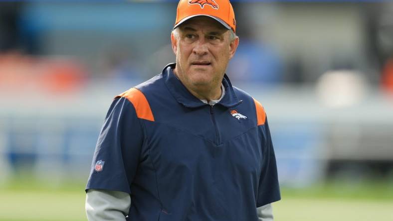 Jan 2, 2022; Inglewood, California, USA; Denver Broncos head coach Vic Fangio reacts before the game against the Los Angeles Chargers at SoFi Stadium. Mandatory Credit: Kirby Lee-USA TODAY Sports