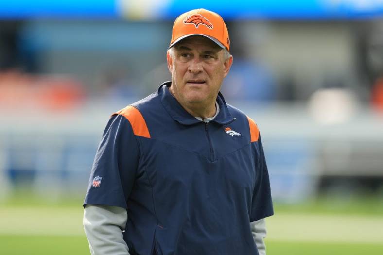 Jan 2, 2022; Inglewood, California, USA; Denver Broncos head coach Vic Fangio reacts before the game against the Los Angeles Chargers at SoFi Stadium. Mandatory Credit: Kirby Lee-USA TODAY Sports