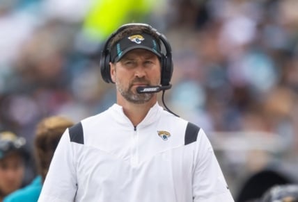 Sep 19, 2021; Jacksonville, Florida, USA; Jacksonville Jaguars passing game coordinator Brian Schottenheimer against the Denver Broncos at TIAA Bank Field. Mandatory Credit: Mark J. Rebilas-USA TODAY Sports