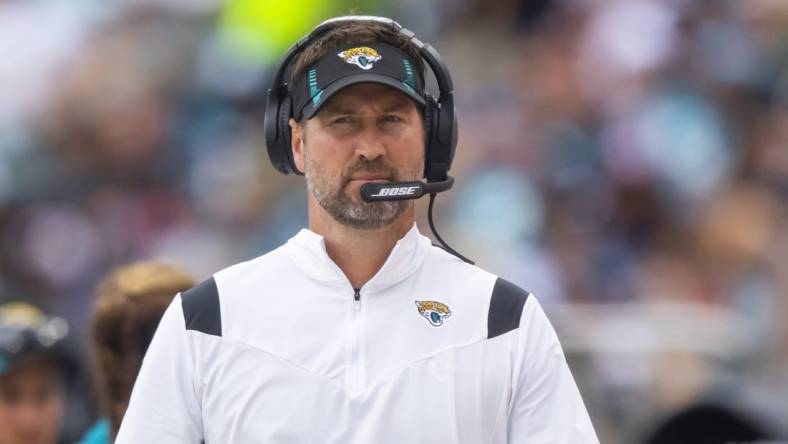 Sep 19, 2021; Jacksonville, Florida, USA; Jacksonville Jaguars passing game coordinator Brian Schottenheimer against the Denver Broncos at TIAA Bank Field. Mandatory Credit: Mark J. Rebilas-USA TODAY Sports