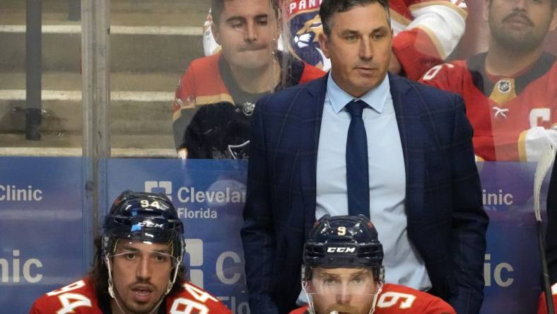 Jan 14, 2022; Sunrise, Florida, USA; Florida Panthers interim head coach Andrew Brunette stands behind the bench during the second period against the Dallas Stars at FLA Live Arena. Mandatory Credit: Jasen Vinlove-USA TODAY Sports