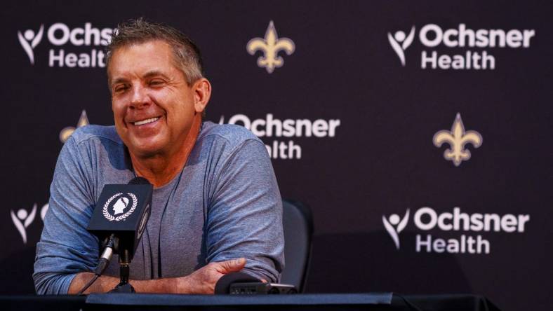 Jan 25, 2022; Metairie, LA, USA;  New Orleans Saints head coach Sean Payton speaks during a press conference at Ochsner Sports Performance Center. Mandatory Credit: Andrew Wevers-USA TODAY Sports