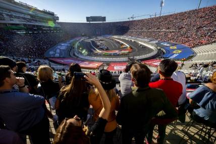 Feb 6, 2022; Los Angeles, California, USA; NASCAR Cup Series fans watch as the field of drivers race during the Busch Light Clash at The Coliseum at Los Angeles Memorial Coliseum. Mandatory Credit: Mark J. Rebilas-USA TODAY Sports