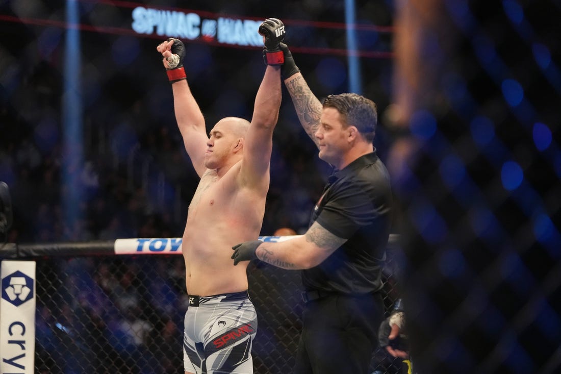 Mar 5, 2022; Las Vegas, Nevada, UNITED STATES; Serghei Spivac celebrates after defeating Greg Hardy (not pictured) during UFC 272 at T-Mobile Arena. Mandatory Credit: Stephen R. Sylvanie-USA TODAY Sports