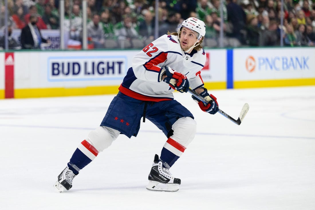 Jan 28, 2022; Dallas, Texas, USA; Washington Capitals left wing Carl Hagelin (62) in action during the game between the Washington Capitals and the Dallas Stars at the American Airlines Center. Mandatory Credit: Jerome Miron-USA TODAY Sports