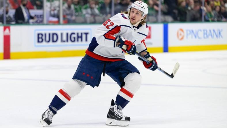 Jan 28, 2022; Dallas, Texas, USA; Washington Capitals left wing Carl Hagelin (62) in action during the game between the Washington Capitals and the Dallas Stars at the American Airlines Center. Mandatory Credit: Jerome Miron-USA TODAY Sports