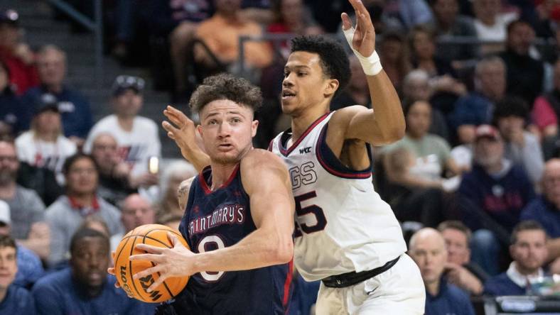 March 8, 2022; Las Vegas, NV, USA; Saint Mary's Gaels guard Logan Johnson (0) dribbles the basketball against Gonzaga Bulldogs guard Rasir Bolton (45) during the second half in the finals of the WCC Basketball Championships at Orleans Arena. Mandatory Credit: Kyle Terada-USA TODAY Sports