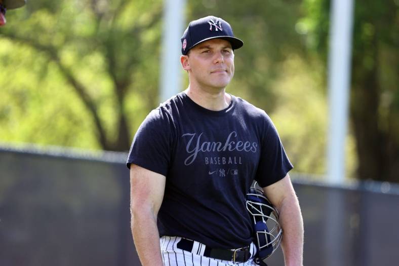 Mar 15, 2022; Tampa, FL, USA; New York Yankees catcher Ben Rortvedt (38) looks on during spring training workouts at George M. Steinbrenner Field. Mandatory Credit: Kim Klement-USA TODAY Sports