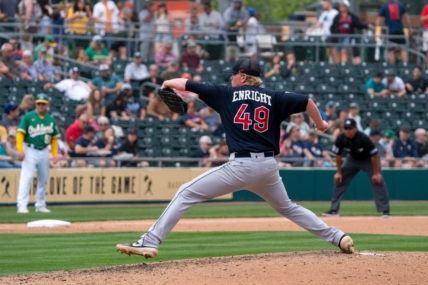 Mar 20, 2022; Mesa, Arizona, USA; Cleveland Guardians pitcher Nic Enright (49) on the mound in the fifth inning against the Oakland Athletics during spring training at Hohokam Stadium. Mandatory Credit: Allan Henry-USA TODAY Sports