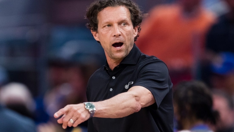 Apr 2, 2022; San Francisco, California, USA;  Utah Jazz head coach Quin Snyder reacts during the first half against the Golden State Warriors at Chase Center. Mandatory Credit: John Hefti-USA TODAY Sports
