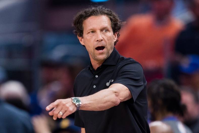 Apr 2, 2022; San Francisco, California, USA;  Utah Jazz head coach Quin Snyder reacts during the first half against the Golden State Warriors at Chase Center. Mandatory Credit: John Hefti-USA TODAY Sports
