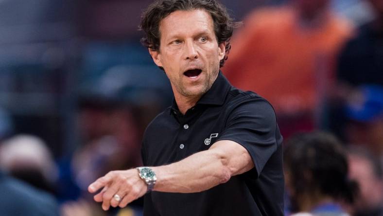 Apr 2, 2022; San Francisco, California, USA;  Utah Jazz head coach Quin Snyder reacts during the first half against the Golden State Warriors at Chase Center. Mandatory Credit: John Hefti-USA TODAY Sports