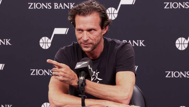 Apr 8, 2022; Salt Lake City, Utah, USA; Utah Jazz head coach Quin Snyder addresses the media prior to a game against the Phoenix Suns at Vivint Arena. Mandatory Credit: Rob Gray-USA TODAY Sports