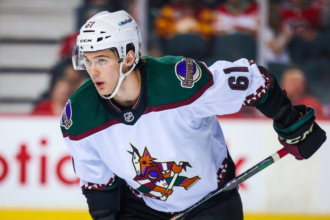 Apr 16, 2022; Calgary, Alberta, CAN; Arizona Coyotes defenseman Dysin Mayo (61) during the third period against the Calgary Flames at Scotiabank Saddledome. Mandatory Credit: Sergei Belski-USA TODAY Sports