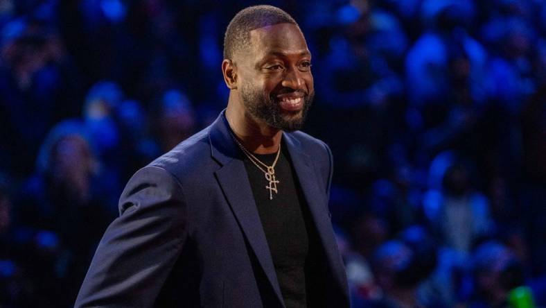 February 20, 2022; Cleveland, Ohio, USA; NBA great Dwyane Wade is honored for being selected to the NBA 75th Anniversary Team during halftime in the 2022 NBA All-Star Game at Rocket Mortgage FieldHouse. Mandatory Credit: Kyle Terada-USA TODAY Sports