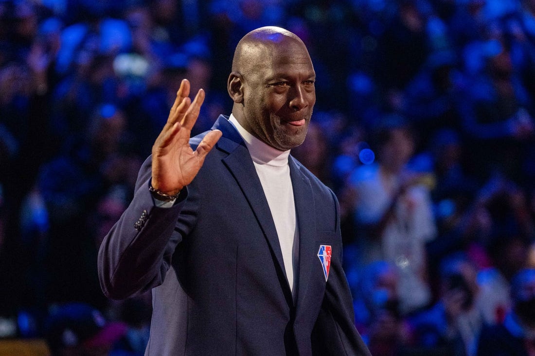 February 20, 2022; Cleveland, Ohio, USA; NBA great Michael Jordan is honored for being selected to the NBA 75th Anniversary Team during halftime in the 2022 NBA All-Star Game at Rocket Mortgage FieldHouse. Mandatory Credit: Kyle Terada-USA TODAY Sports