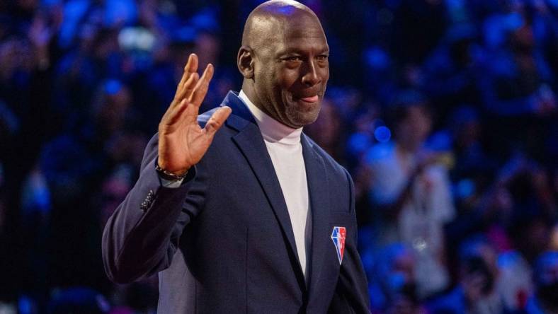 February 20, 2022; Cleveland, Ohio, USA; NBA great Michael Jordan is honored for being selected to the NBA 75th Anniversary Team during halftime in the 2022 NBA All-Star Game at Rocket Mortgage FieldHouse. Mandatory Credit: Kyle Terada-USA TODAY Sports