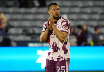 Apr 30, 2022; Commerce City, Colorado, USA; Portland Timbers defender Bill Tuiloma (25) reacts following a loss to the Colorado Rapids at Dick's Sporting Goods Park. Mandatory Credit: Ron Chenoy-USA TODAY Sports